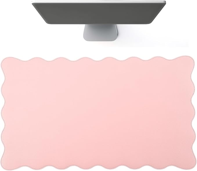 Scalloped Desk Mat Leather Desk Pad Protector Non-Slip PU Leather Table Protector Waterproof Mouse Pad Keyboard Mat Curly Mousepad PC Accessories Gift for Office Home(Light Pink)