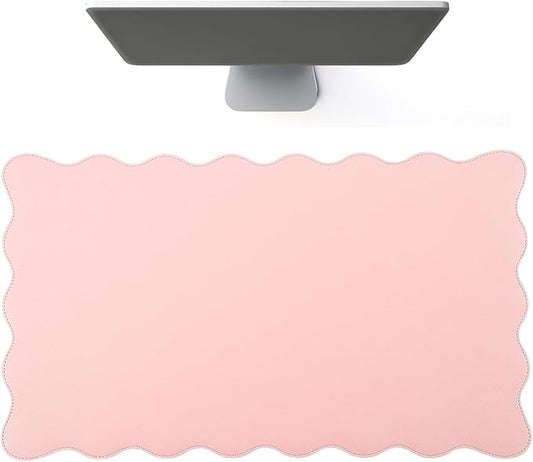 Scalloped Desk Mat Leather Desk Pad Protector Non-Slip PU Leather Table Protector Waterproof Mouse Pad Keyboard Mat Curly Mousepad PC Accessories Gift for Office Home(Light Pink)