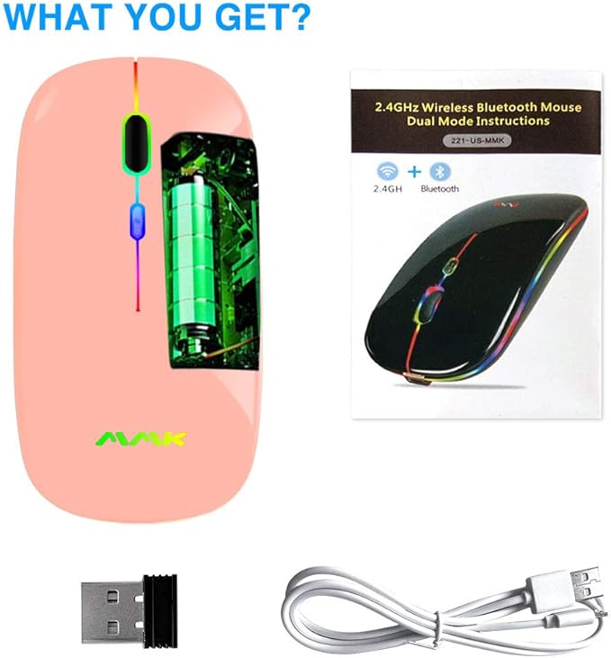 Wireless Bluetooth Mouse for Laptop, Rechargeable Mouse 2.4G USB Optical Wireless Mouse, LED Slim Dual Mode(Bluetooth 5.0 and 2.4G) Wireless Device for Laptop, PC, Mac OS, Android, Windows Champagne