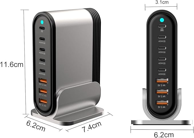 USB C Fast Charger - 285W GaN 8 Port Fast Charging Station Tower Hub: Type C Charger Block Power Strip Adapter Plug for MacBook iPad iPhone 17/16/15/14/13/12 Pro Max Samsung Galaxy & More Smartphones