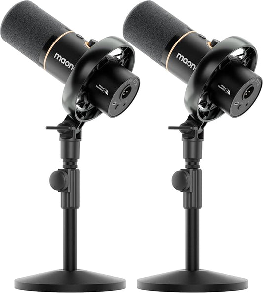 MAONO PD200W Hybrid Wireless Podcast Equipment Bundle for 2, XLR USB Dynamic Microphone Kit with 2 Desktop Stand, Software, Noise Cancellation, for Co-hosted podcast, Vocal Recording, Content Creation