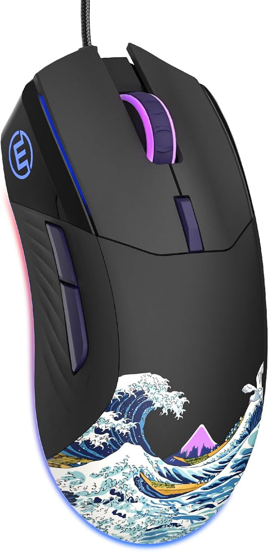 COSTOM Womier USB Wired Gaming Mouse for PC Computer Windows Mac Laptop, Lightweight Silent RGB Backlit Mouse with Adjustable 12000DPI/7 Programmable Side Buttons,Black Kanagawa Theme-G705 V2