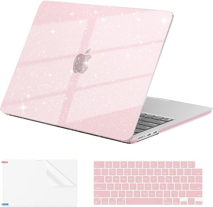 EooCoo Case Compatible with MacBook Air 13 inch M5 2026-2022 Release M4 M3 M2 A3449 A3240 A3113 A2681, Glitter Hard Shell&Keyboard Skin Cover&Screen Protector for Mac Air 13.6 inch, Sparkly Baby Pink