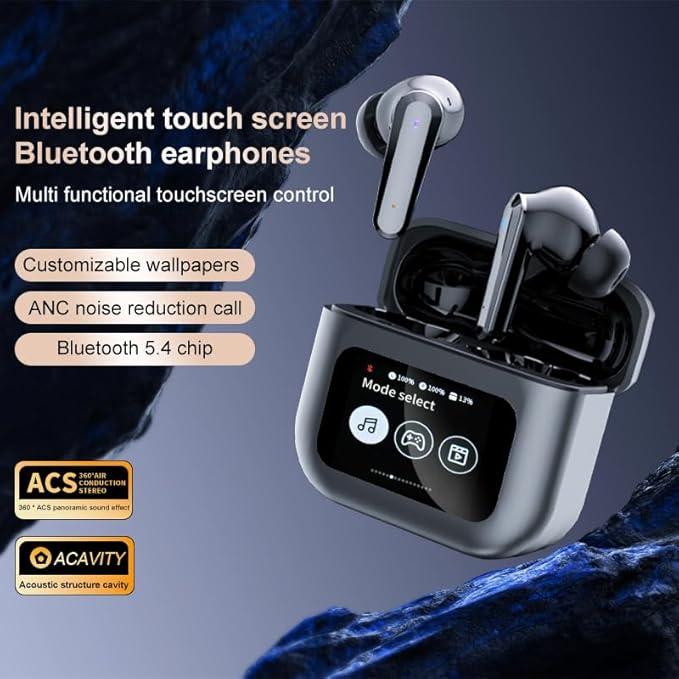 Q30 Bluetooth earphones, equipped with an intelligent color touch screen, supporting ANC and ENC active noise reduction functions, wireless audio earbuds for better sound quality and comfort (Black)