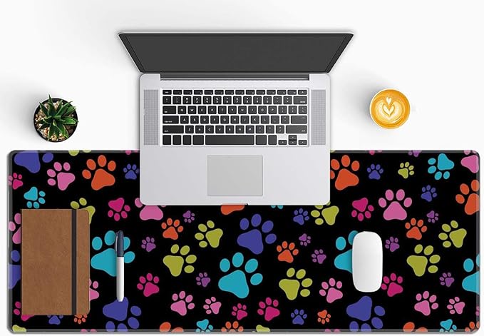 XL Gaming Desk Mat - Extended Big Cute Dog Paws Mouse Pad - Waterproof, Non-Slip Base, Stitched Edges - 31.5x11.8 in