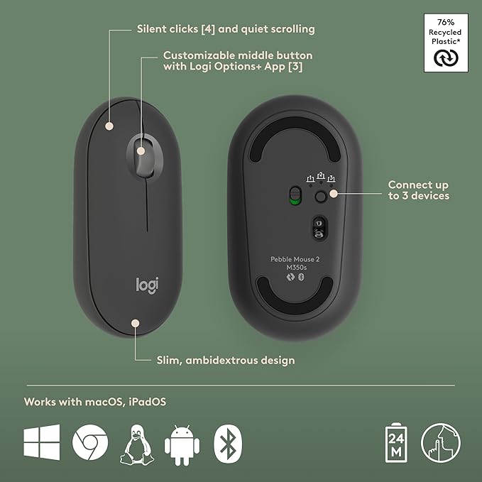 Logitech Pebble 2 Combo for Mac, Wireless Keyboard and Mouse, Slim, Quiet and Portable, Customizable, Bluetooth Mouse and Keyboard, Easy-Switch, for macOS, iPadOS - Tonal Graphite