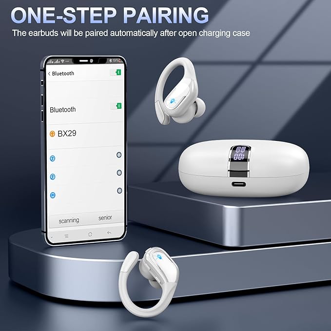 Wireless Earbuds, 75Hrs Bluetooth 5.3 Headphones Sport, Bluetooth Earbuds with ENC Noise Canceling Mic, Bass Stereo Wireless Earphones IP7 Waterproof Over Ear Buds with Earhooks for iOS/Android, White