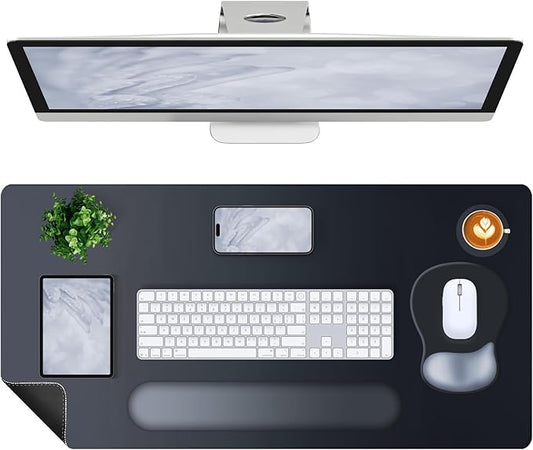 4-in-1 Large Gaming Mouse Pad, Keyboard Wrist Rest Pad & Wrist Support Mousepad Set, Extended Desk Pad Waterproof Desk Mat Protector for Home Office Decor Study Game 35.4×15.7 Inches Big I Black