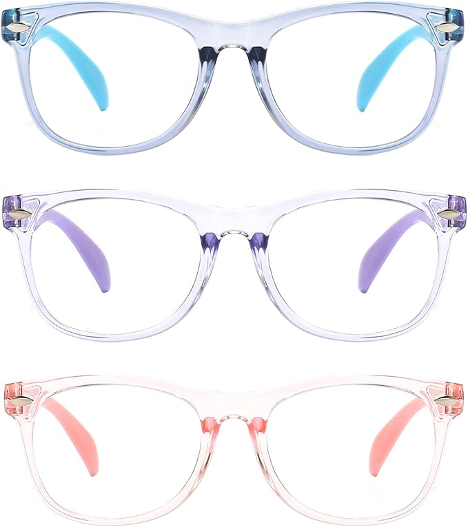FANNYGO 3 Pack kids Blue Light Blocking Glasses for girls boys Computer Blue Light Blocking Glasses For Age 3-9 (Light blue + Light purple + Light pink)