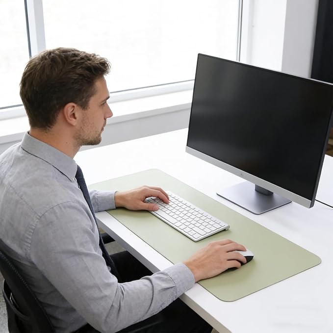 Double-Sided Keyboard Mouse Pad, 31.5"x15.7" PU Leather and Cork Desk Mat Large Overlocked-Edge Desk Pad with Matching Thread, Green
