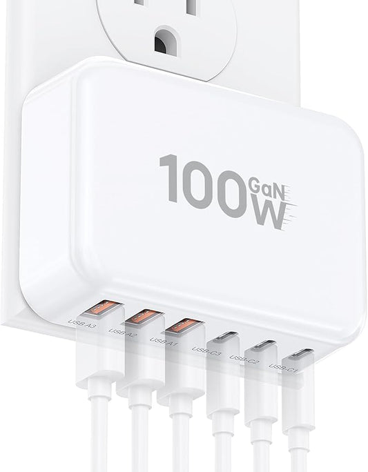 Fast Charger Block, GaN 6 Port USB C Charging Station Hub Cube, 100W Multiport Type C Wall Charger Power Strip Plug with PD 3.0+QC for iPhone13 14 15 16 17 Pro Max XR XS 8 7, Samsung, iPad, Table