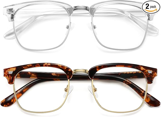 MEETSUN Blue Light Glasses Retro Half Frame Clear Lens - Anti-Eyestrain for Computer, Gaming & Phone Use | Women Men Fashion Bluelight Glasses(Tortoiseshell Frame+Clear Frame / 2 PACK)