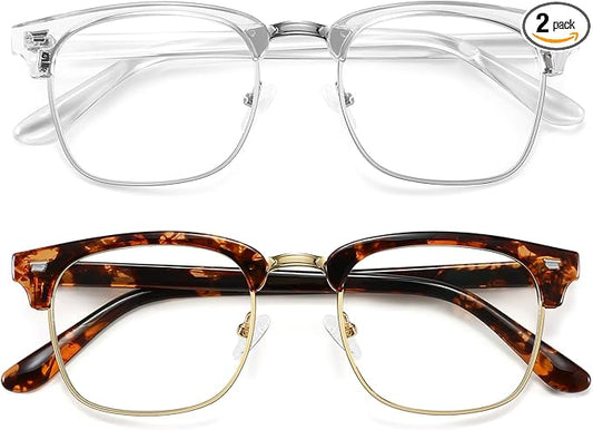 MEETSUN Blue Light Glasses Retro Half Frame Clear Lens - Anti-Eyestrain for Computer, Gaming & Phone Use | Women Men Fashion Bluelight Glasses(Tortoiseshell Frame+Clear Frame / 2 PACK)