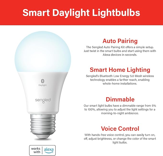 Sengled Alexa Light Bulb, Smart Light Bulbs That Compatible with Alexa Only, Bluetooth Mesh Standard A19 E26 Dimmable LED Bulb Daylight 5000K, 60W Equivalent 800LM, High CRI, High Brightness, 6 Pack