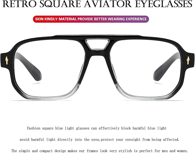 PORADAY Blue Light Blocking Glasses for Women Men 70s Retro Square Aviator Eyeglasses Rectangle Computer Eyewear