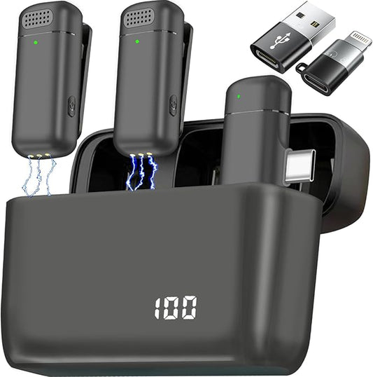 2 Pcs 3 in 1 Wireless Lavalier Microphones for iPhone iPad USB C Android Laptop with Charging Case, Clip on Lapel Mic Plug-Play Cordless Mini Mic for Video Recording Vlogging, YouTube, Interview