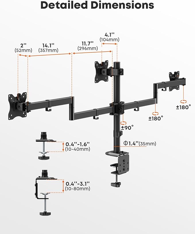 Triple Monitor Mount,3 Monitor Desk Mount Fits 13-27 inch Screens,Triple Monitor Stand Fully Adjustable with Cable Management,22 lbs Weight Capacity per Arm,VESA 75/100mm