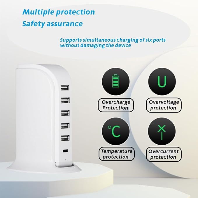 USB Charging Station for Multiple Devices, 5 USB Ports + 1 Type C Multiport Charger Tower, Compatible with Smartphones, Tablets and Other Devices