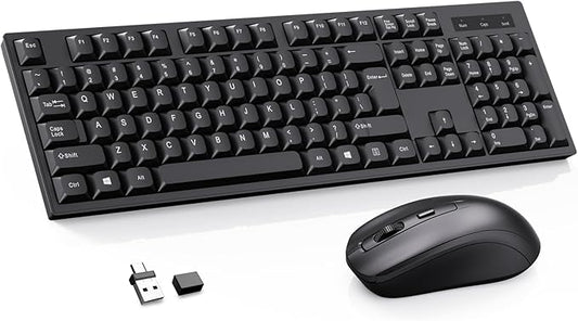 Wireless Keyboard and Mouse Combo-Full Size QWERTY Layout 2.4G Stereo Keycap Ergonomically Designed for Laptop,PC,Notebook,Windows,Computer,with USB-A&Typ-C 2-in-1 Receiver