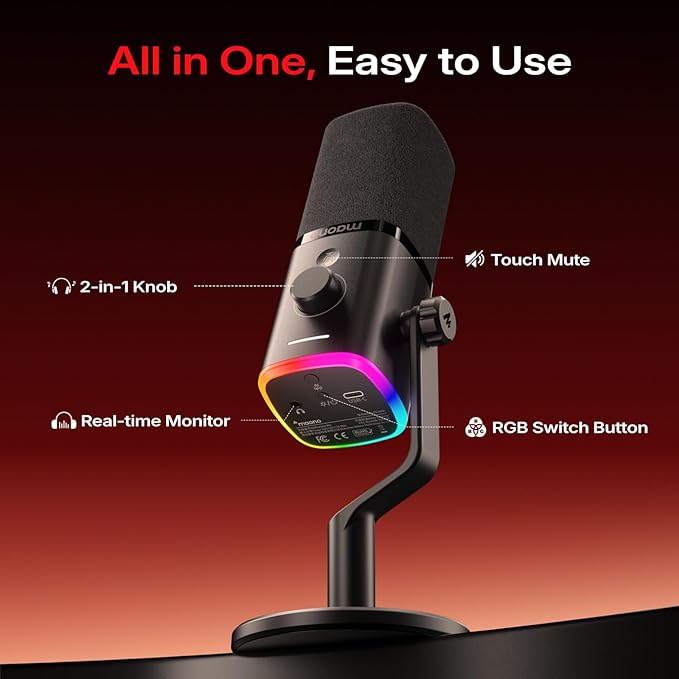 MAONO PD100W USB Wireless Microphone for PC, Gaming Streaming Dynamic Mic with One-Click Noise Reduction,Mute Button,Custom RGB, 3.5mm Headphone Jack, Desktop Podcasting Mic for Computer Phone, Black