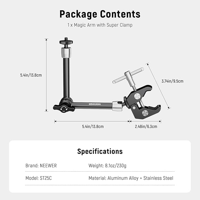 NEEWER 9.8"/25cm Adjustable Magic Arm with Super Clamp, 1/4" & 3/8" Threads, 1/4" Screws for Flash/LED Light/Microphone/Monitor, Compatible with SmallRig Camera Cage, Max Load: 4.4lb/2kg, ST25C - Image 8