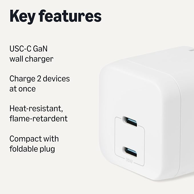 Amazon Basics Fast Charging USB C Nano GaN Wall Charger, 35W 2-Port for Tablets Phones, White