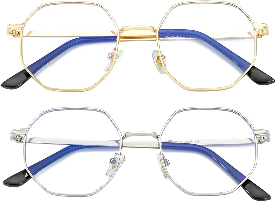 JOVAKIT Polygon Blue Light Blocking Glasses for Women Men Vintage Octagon Square Non-prescription Metal Eyeglasses