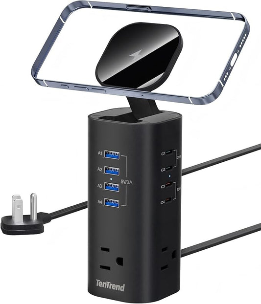 115W Fast Charging Station, TenTrend Power Strip Tower Surge Protector, 5FT Extension Cord with 3AC Outlets & 8 USB Ports(4 USB-C), Flat Plug Charging Tower for Home, Office Supplies, Dorm Room