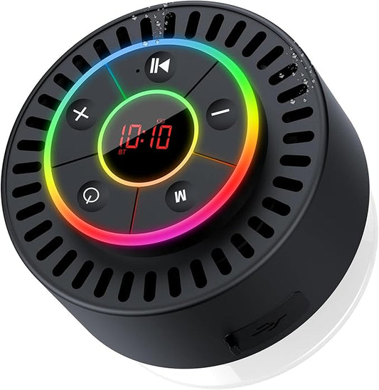 Bluetooth Speaker, Shower Speaker IPX7 Waterproof, Speakers Bluetooth Wireless with Rich Bass, Portable Speaker with LED Light, Suction Cup,8H Playtime, for Bathroom Party Beach, Ideal Gifts, Black