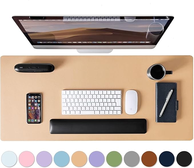 Leather Desk Pad Protector, Mouse Pad, Non-Slip Computer Mat for Desk, PU Leather Office Desk Mat for Home & Office, Waterproof Laptop Desk Blotter Pad for Keyboard and Mouse, Khaki (13.7''X23.6'')
