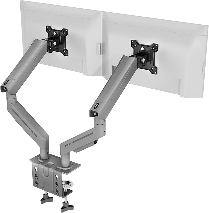 THEARK Dual Monitor Stand for Desk - Dual Monitor Mount for 17-32 Inch Screens,Height Adjustable Dual Monitor Arm Desk Mount with Clamp and Grommet Base,75x75/100x100mm VESA Mount,Max 19.8 lbs,Silver