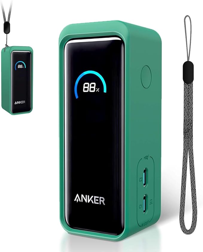Silicone Case for Anker Prime Power Bank 9600mAh 65W, Full-Body Shockproof Cover with Scratch Protection, with Lanyard,Green