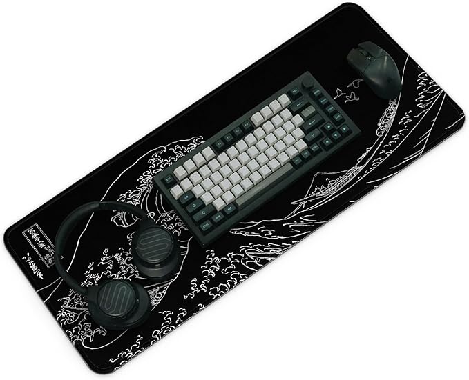 Gaming Mouse Pad, Large 31.5 x 11.8 inches Mousepad, Long Keyboard Pad, Cute Mouse Mat for Computer with Stitched Edges and Non-Slip Base (Black Japanese Wave)