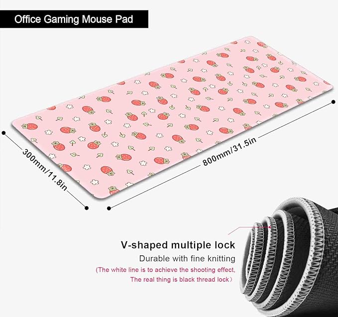 Pink Cute Desk Mat, Strawberries Mouse Pad XL, Aesthetic Hearts Desk Pad, Pastel Kawaii Deskmat, Laptop Office Gaming Computer Home Mice Mat Mousepad Stylish Office Gift, 31.5 X 11.8 Inch