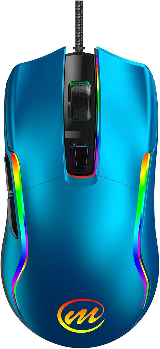 memzuoix Wired Gaming Mouse with RGB - 6 Adjustable DPI up to 12800, 6 Buttons, 12 Lighting Modes, Ergonomic Design with Anti-Slip Rubber Wheel, 5.6ft Braided Cable for PC/Mac/Windows - Blue