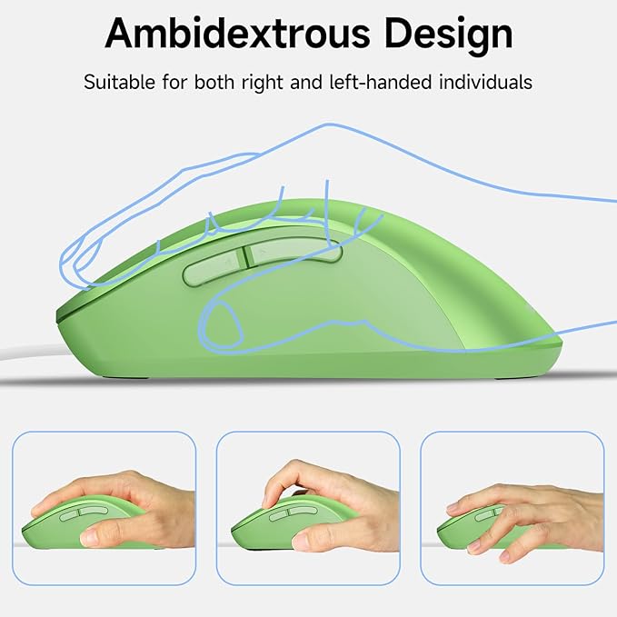 memzuoix Wired Mouse, USB Computer Mouse 1400 DPI Mobile Optical Mouse Ergonomic Design Computer Mice with 5FT Cord for Laptop, PC, Desktop, MacBook, 5 Buttons (Green)