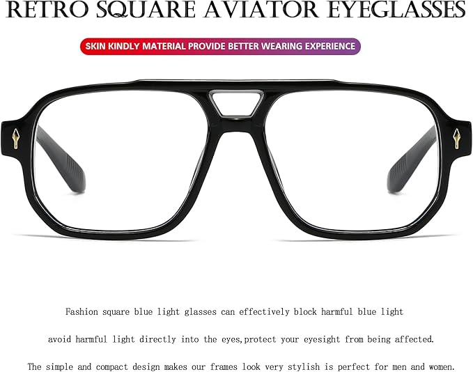 PORADAY Blue Light Blocking Glasses for Women Men 70s Retro Square Aviator Eyeglasses Rectangle Computer Eyewear