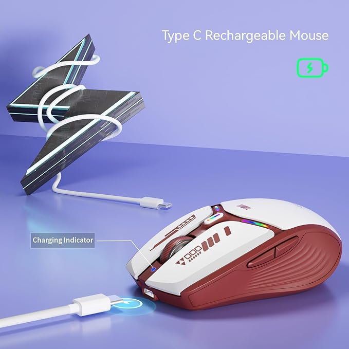Uciefy V19 Wireless Mouse, 2.4GHz Rechargeable Mouse LED with Battery Indicator, Magnetic Computer Mice with USB Receiver & Type-C Adapter for Laptop/PC/Mac/Chromebook-Red