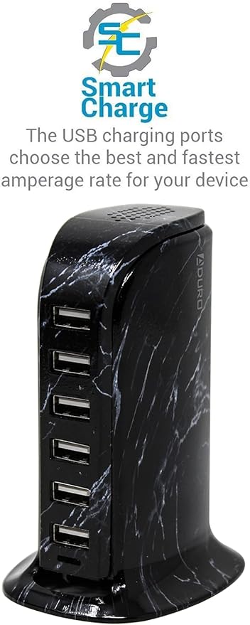 Aduro 40W 6-Port USB Desktop Charging Station Hub Wall Charger for iPhone iPad Tablets Smartphones with Smart Flow (Black Marble)