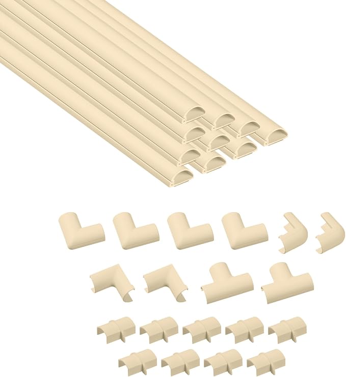 D-Line 157in Cord Hider Kit, Patented Cable Cover, Hide Wires on Wall, Channel for TV Mount Cords, Raceway Wire Hiders, Paintable, Adhesive, Half Round, 10x 0.78in W x 0.39in H x 15.7in L, Beige by D-LineUSAinc