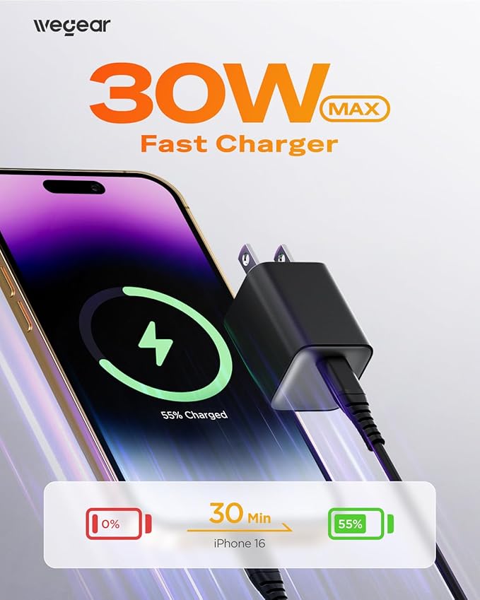 30W Compact Wall Charger, USB C Charger Block with GaN III Tech, PD3.0 PPS QC4.0 Fast Charging Foldable Power Adapter for iPhone 17 16 15, Galaxy, Pixel, iPad, AirPods (Black, 2 Pack)