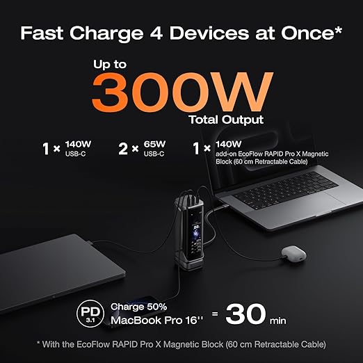 EF ECOFLOW Rapid Pro X Power Bank, 27650mAh 4-Part with 300W Output, Add-on Magnetic Block for Apple Watch, Portable Charger with 140W Built-in Cable, for MacBook, iPhone, Laptops, and More