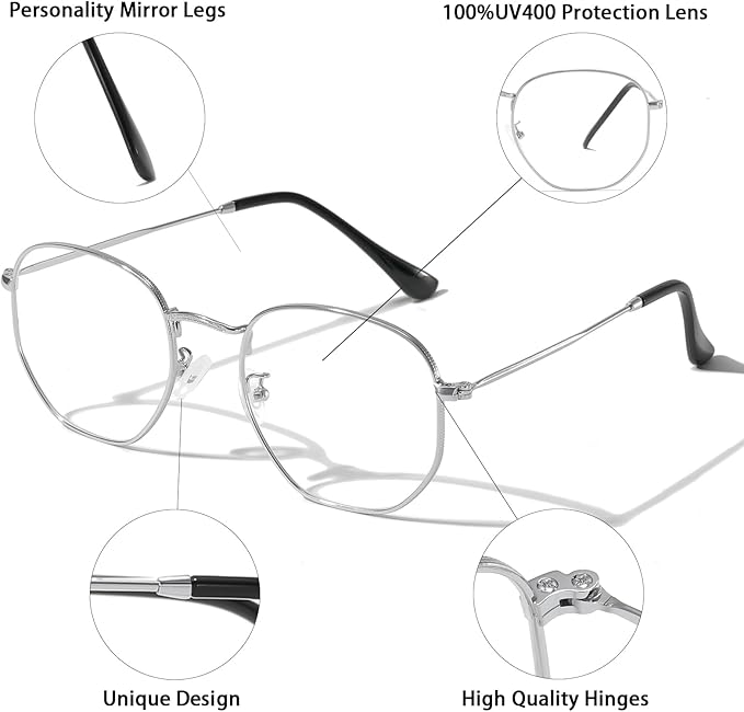Hexagonal Metal Blue Light Blocking Glasses Anti Eye Strain for Digital Screens Lightweight Frame for Men Women