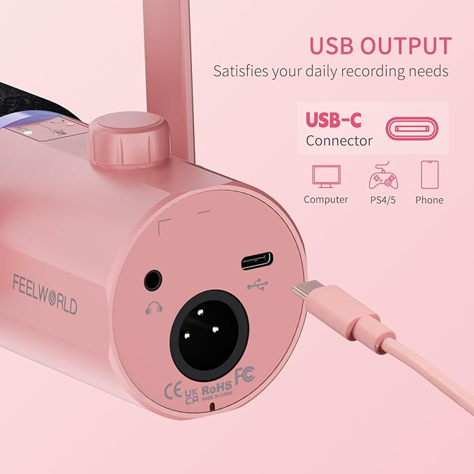 FEELWORLD PM1 XLR USB Dynamic Microphone with Boom Arm Gifts for Podcast Recording PC Computer Gaming Live Streaming Vocal Voice-Over, Studio Metal Mic, RGB Light, Mute Button, Headphones Jack (Pink)