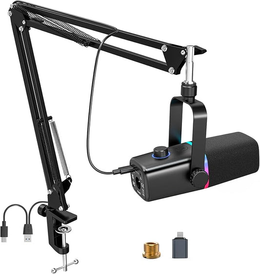 ZealSound XLR/USB Dynamic Microphone for Gaming Podcast,Mic for iPhone Phone PC Computer Gaming Streaming Microphone with RGB Light,Mute Button,Mic Gain,Headphones Jack,Boom Arm Stand,Singing YouTube