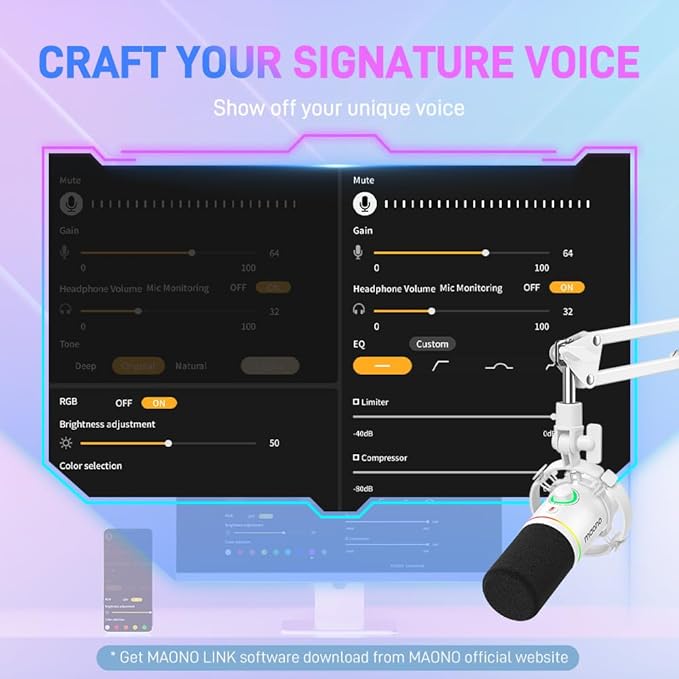 MAONO XLR/USB Dynamic Microphone, RGB Gaming Mic with Software, Mute, Gain Knob, Volume Control and Headphone Jack for Streaming, Podcasting, Recording-PD200X (White)