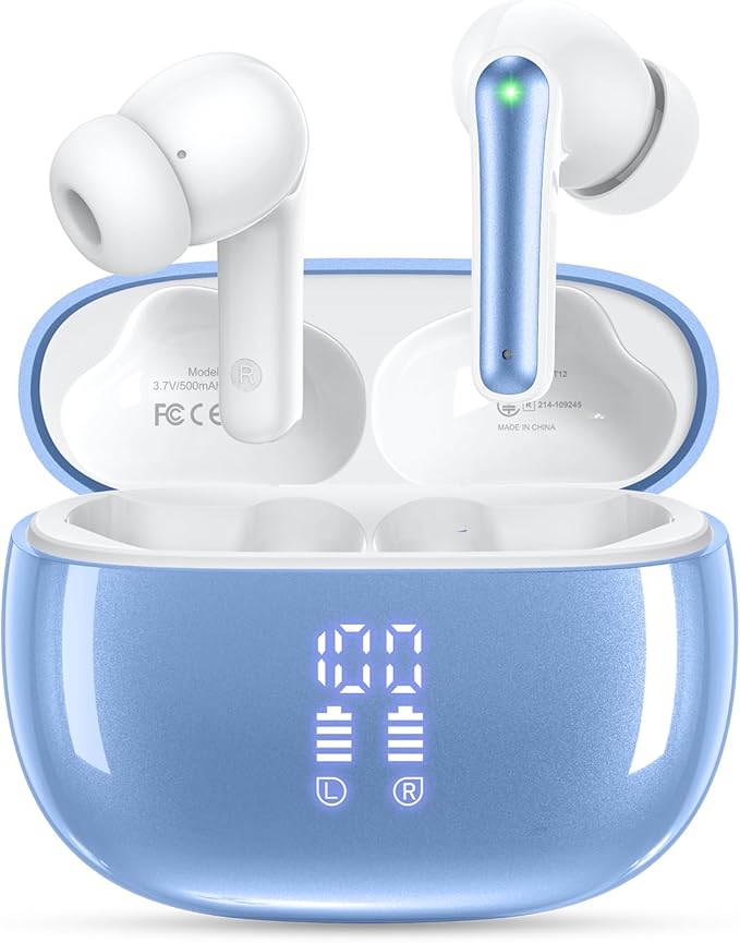 Wireless Earbuds, Bluetooth Ear Buds Headphones, 40H Long Playtime, Stereo Deep Bass, LED Power Display, IP7, Lightweight in Ear Earphone with Mic for iPhone Android Phone
