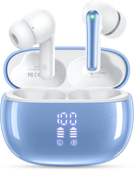 Wireless Earbuds, Bluetooth Ear Buds Headphones, 40H Long Playtime, Stereo Deep Bass, LED Power Display, IP7, Lightweight in Ear Earphone with Mic for iPhone Android Phone