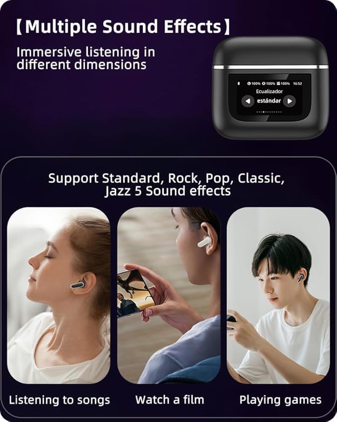 Acuvar Wireless Earbuds Bluetooth Headphones with LED Display, Stereo in Ear Noise Canceling Waterproof USB-C Headphones with Mic for iPhone Android iOS (Black)