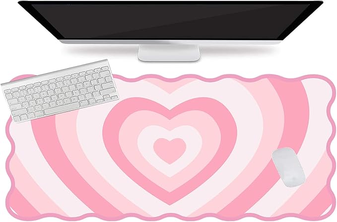 L-SPOUTTO Pink Mouse Pad,Cute Desk Mat XXL Large Scalloped Gaming Mousepad,35.4x15.7in Non-Slip Rubber Base Keyboard Pad Waterproof Desktop Mat for Laptop Computer Work Game Home Office-Pink Heart